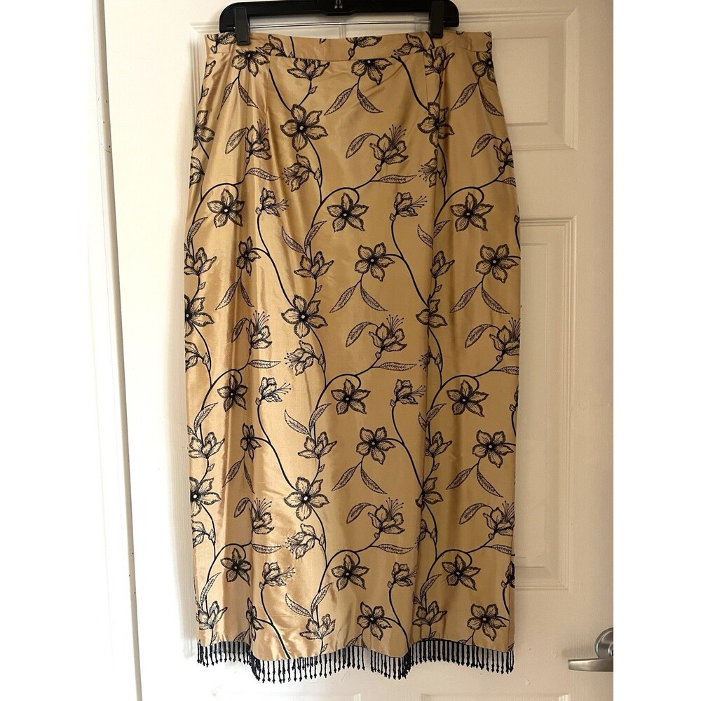 VTG Sara Campbell Silk Maxi Skirt 16 XL Champagne Gold Embroidered Beaded Fringe